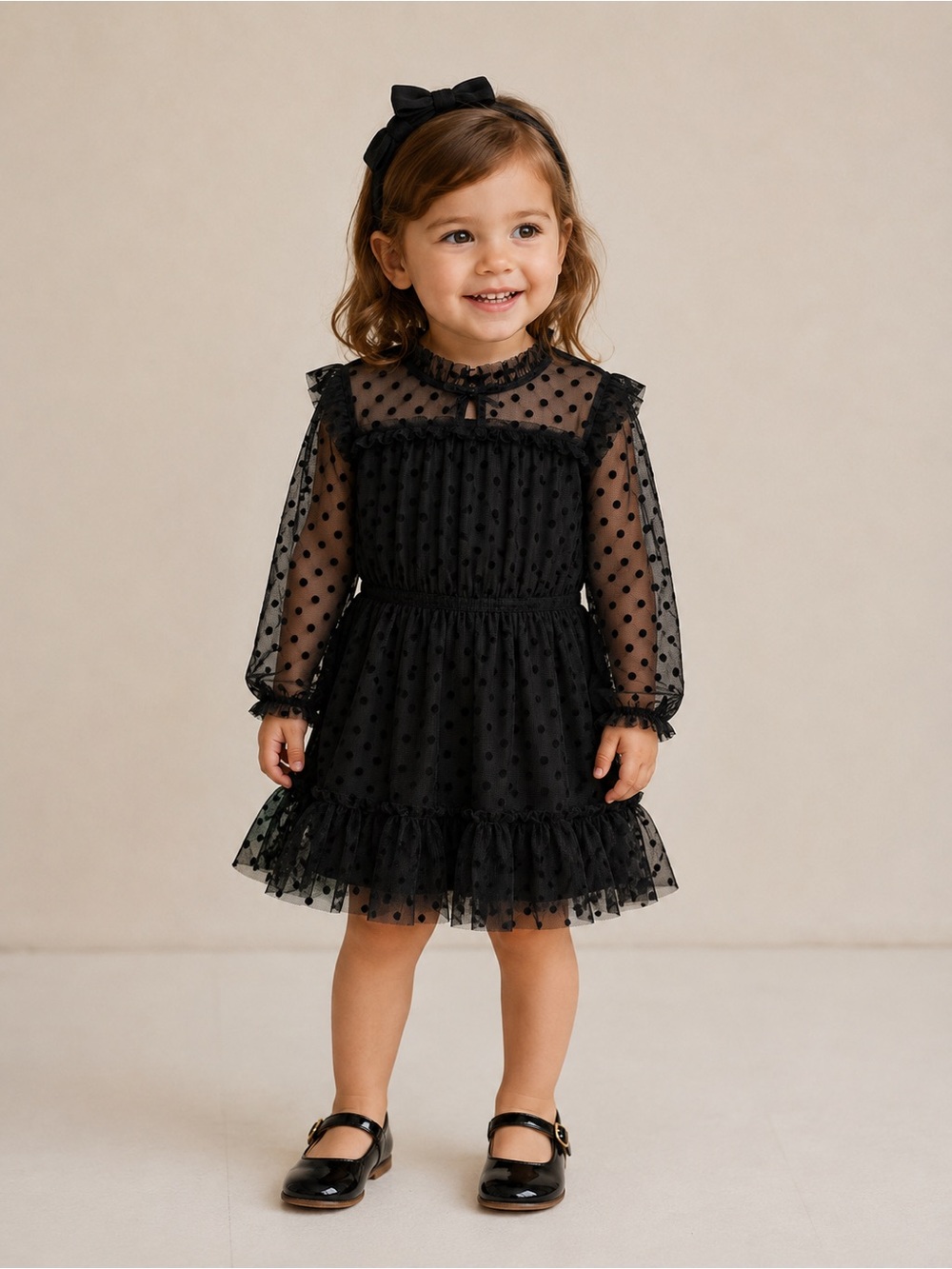 BCBGirls Black Swiss Dot Tulle Dress Girls Long Sleeve Party Dress 3T